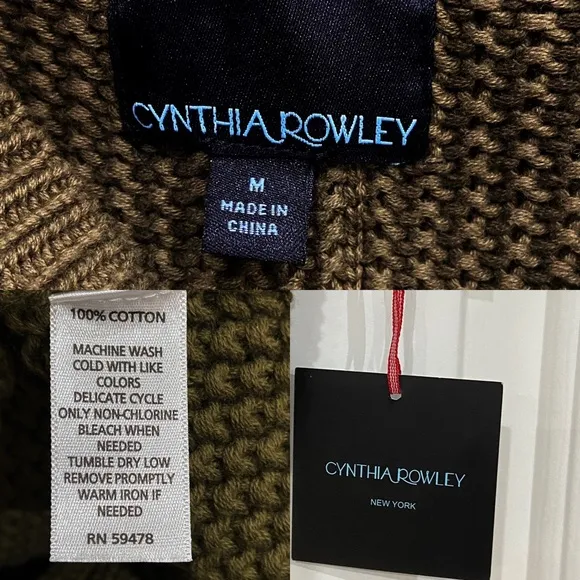 Cynthia Rowley 100% Cotton Cable Knit Sweater in Olive Green Size Medium New