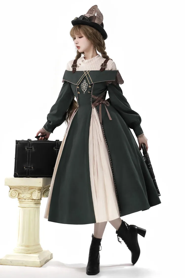 Dark Green Long Sleeves Ruffle Embroidery Bowknot Gothic Princess Lolita Dress
