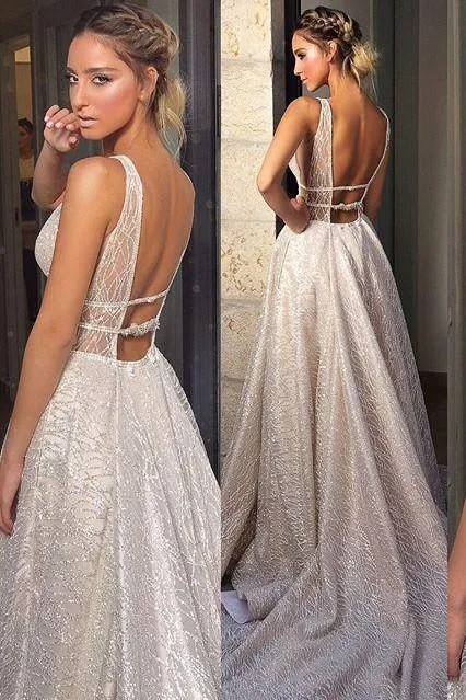 Deep V-neckline Sequin Wedding Dresses with Open Back