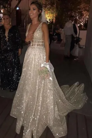 Deep V-neckline Sequin Wedding Dresses with Open Back