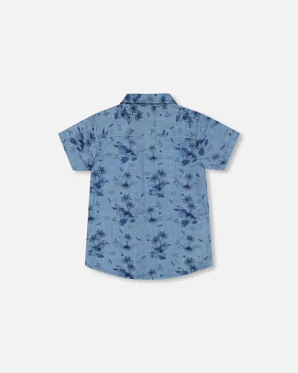 deux par deux Boys Printed Chambray Short Sleeve Shirt - Pale Blue And Navy