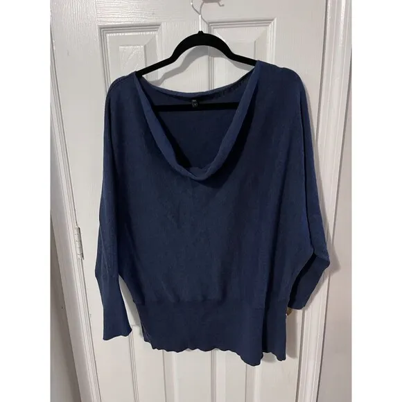 Eileen fisher Sweater Dolman Drape Neck Blue Sz large organic Cotton Cashmere