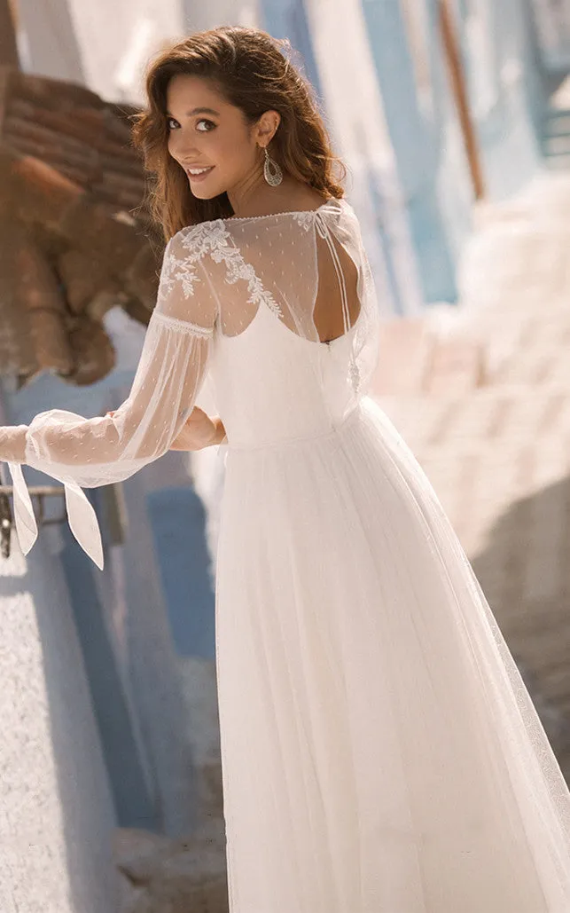 Elegant A Line Lace Bateau Sweep Train Wedding Dress with Ruching-716078