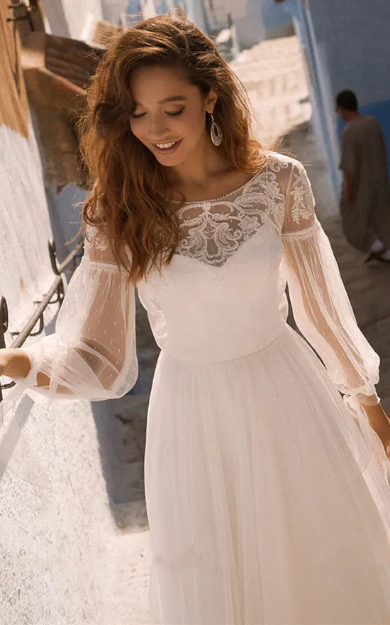 Elegant A Line Lace Bateau Sweep Train Wedding Dress with Ruching-716078