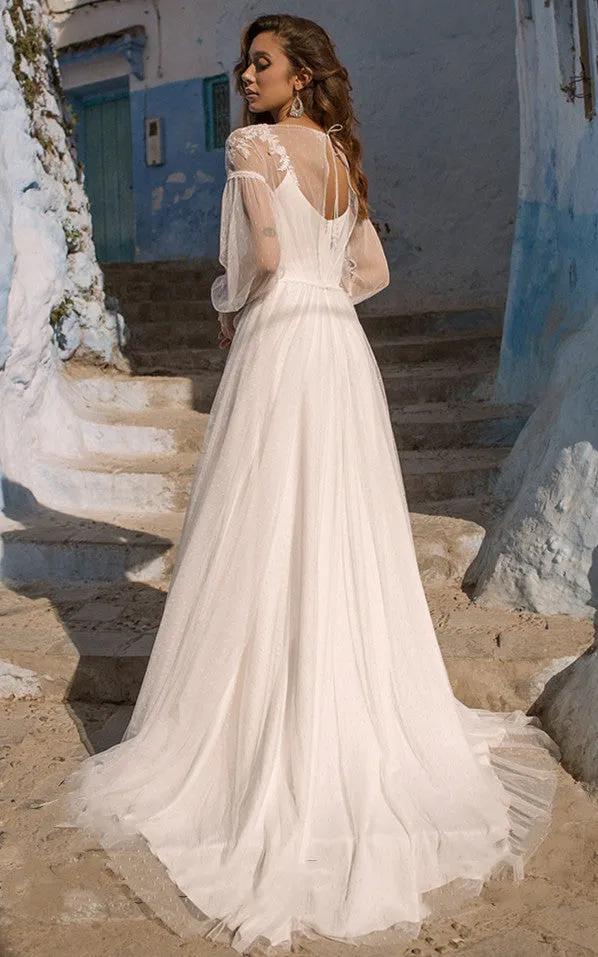 Elegant A Line Lace Bateau Sweep Train Wedding Dress with Ruching-716078