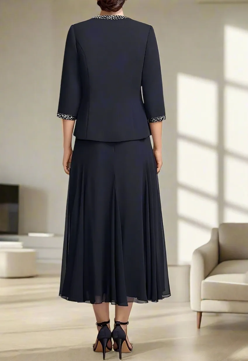 Elegant Dark Navy A-Line 3 Piece Mother of the Bride Dress