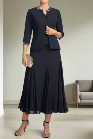 Elegant Dark Navy A-Line 3 Piece Mother of the Bride Dress