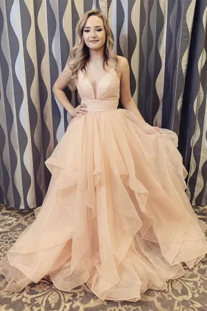 Elegant Straps Organza A-line Long Prom/Formal Dress With Ruffles,MP589