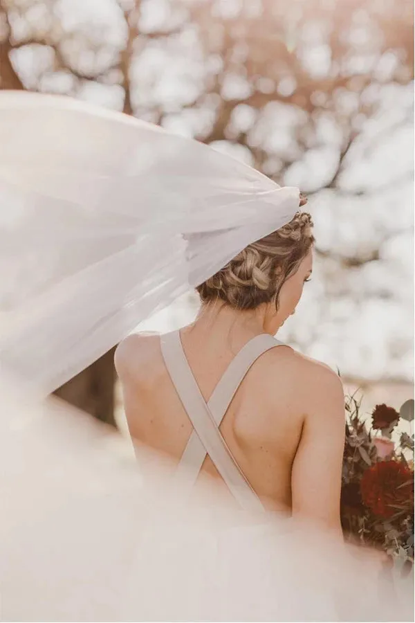 Elegant Tulle Criss Cross Deep V-Neck Wedding Dress with Waistband,MW355