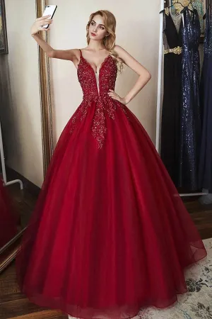 Elegant Tulle Straps Ball Gown Beaded Burgundy Long Prom Dress,MP588