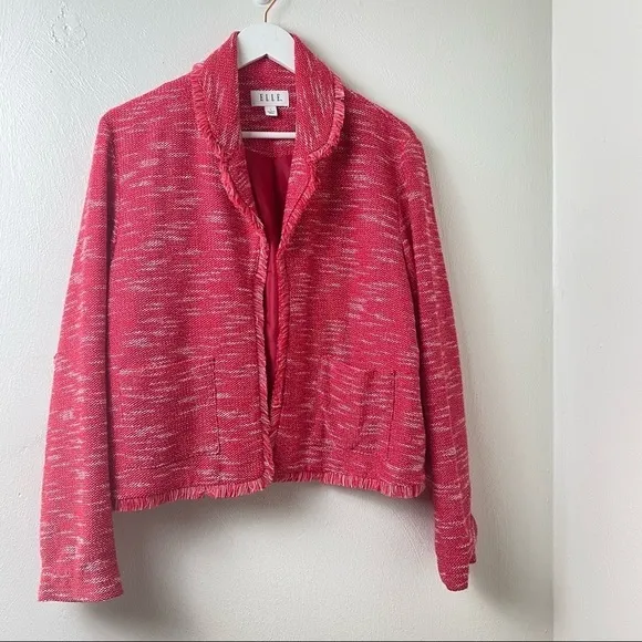 ELLE Red and White  Fringed Tweed Jacket Blazer Sz L.