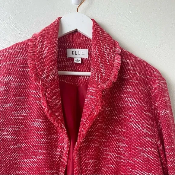 ELLE Red and White  Fringed Tweed Jacket Blazer Sz L.