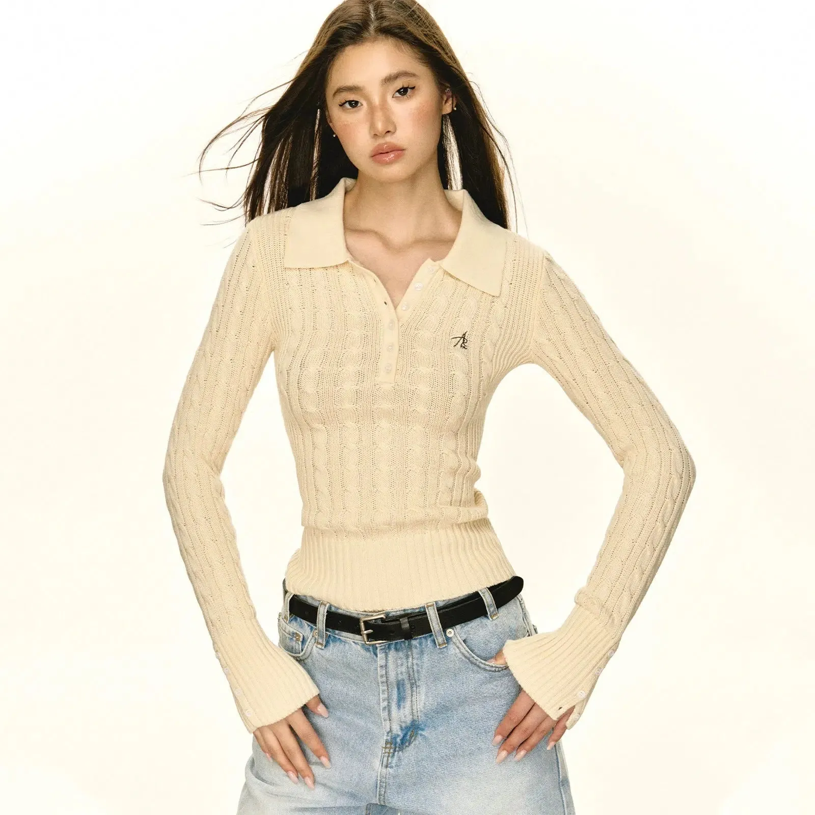 Embroidered Detail Cable Knit Sweater