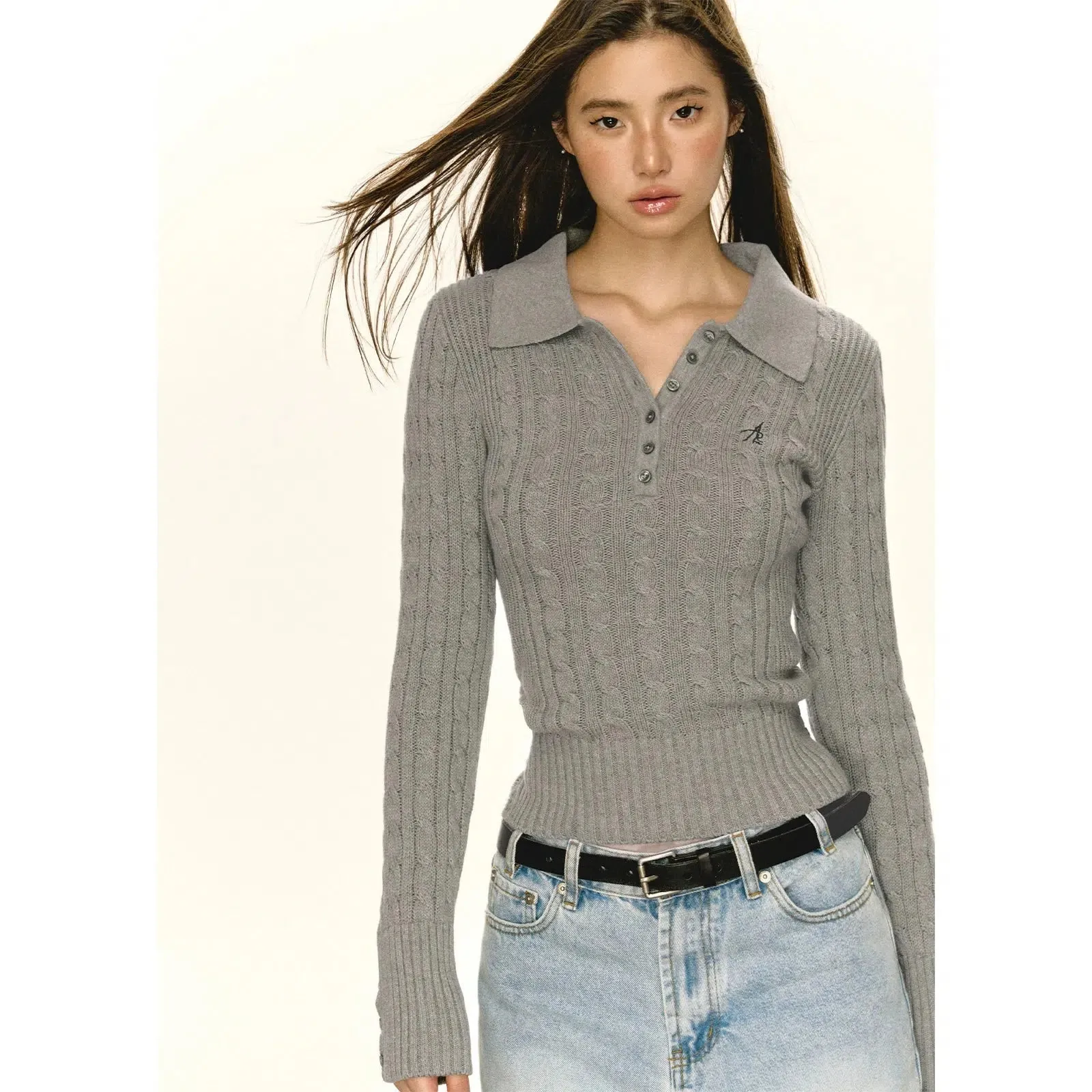 Embroidered Detail Cable Knit Sweater