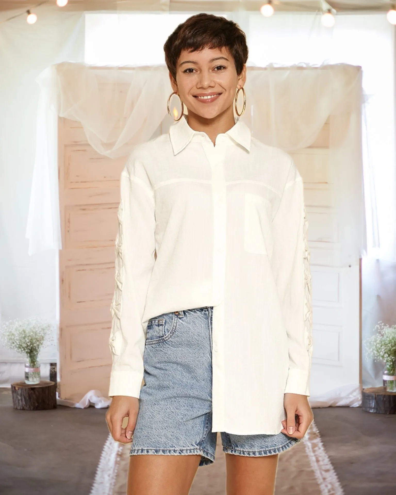 Endless Charm Bow Sleeve Button Down Shirt in White