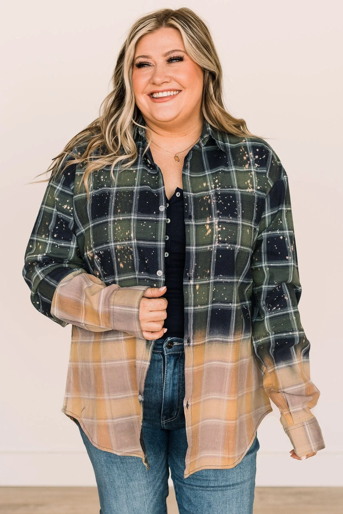 Enjoying This Moment Bleached Plaid Top- Green & Navy