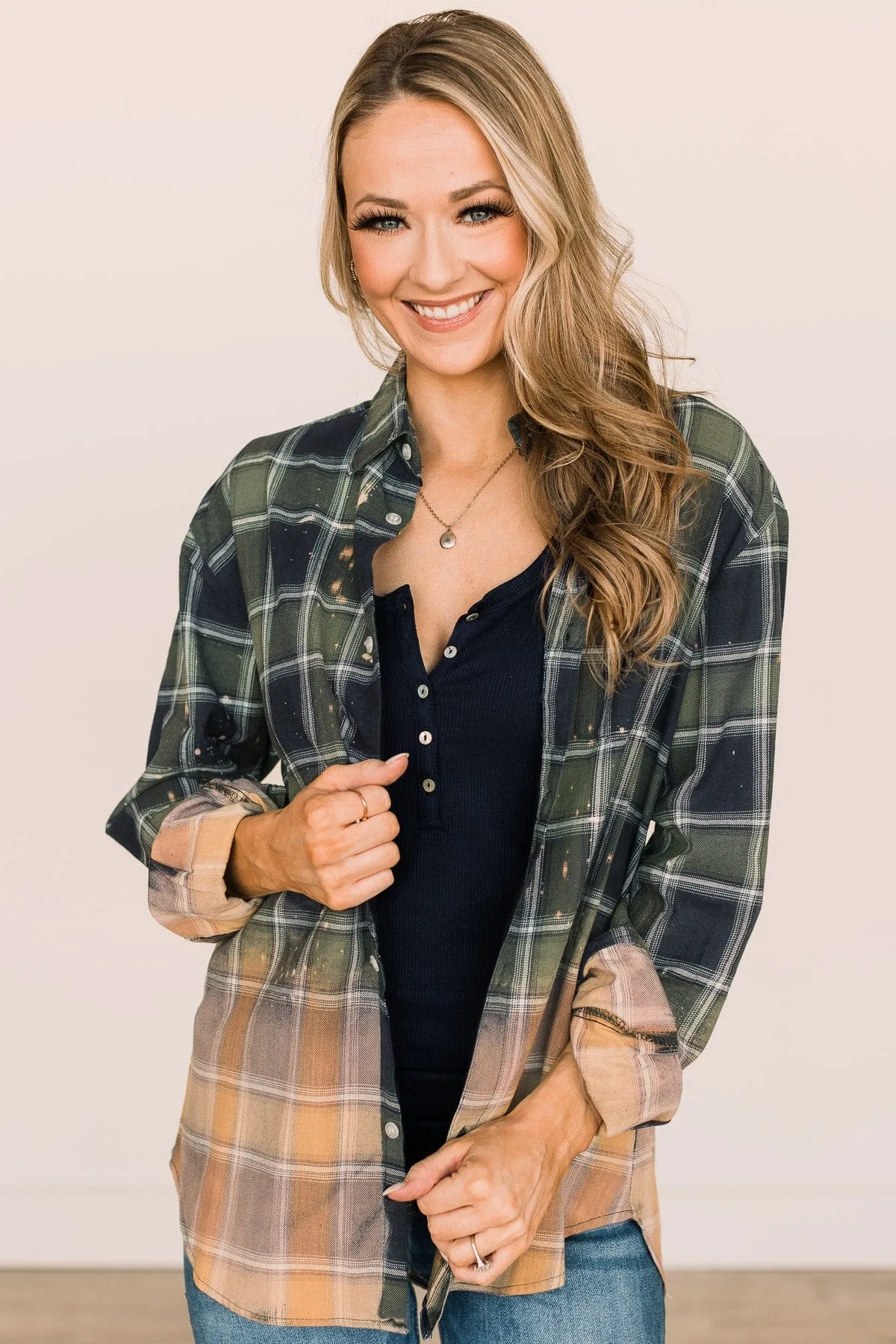 Enjoying This Moment Bleached Plaid Top- Green & Navy