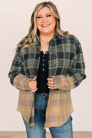 Enjoying This Moment Bleached Plaid Top- Green & Navy