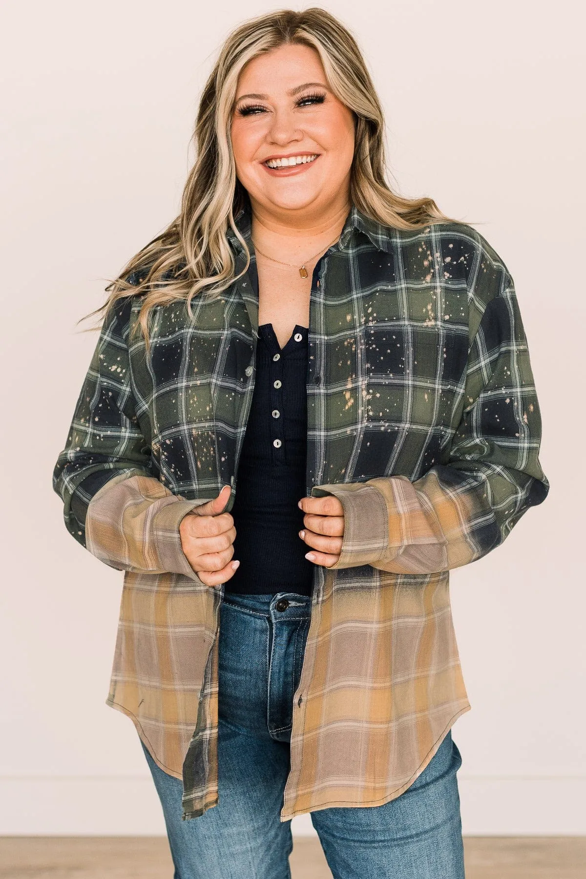Enjoying This Moment Bleached Plaid Top- Green & Navy