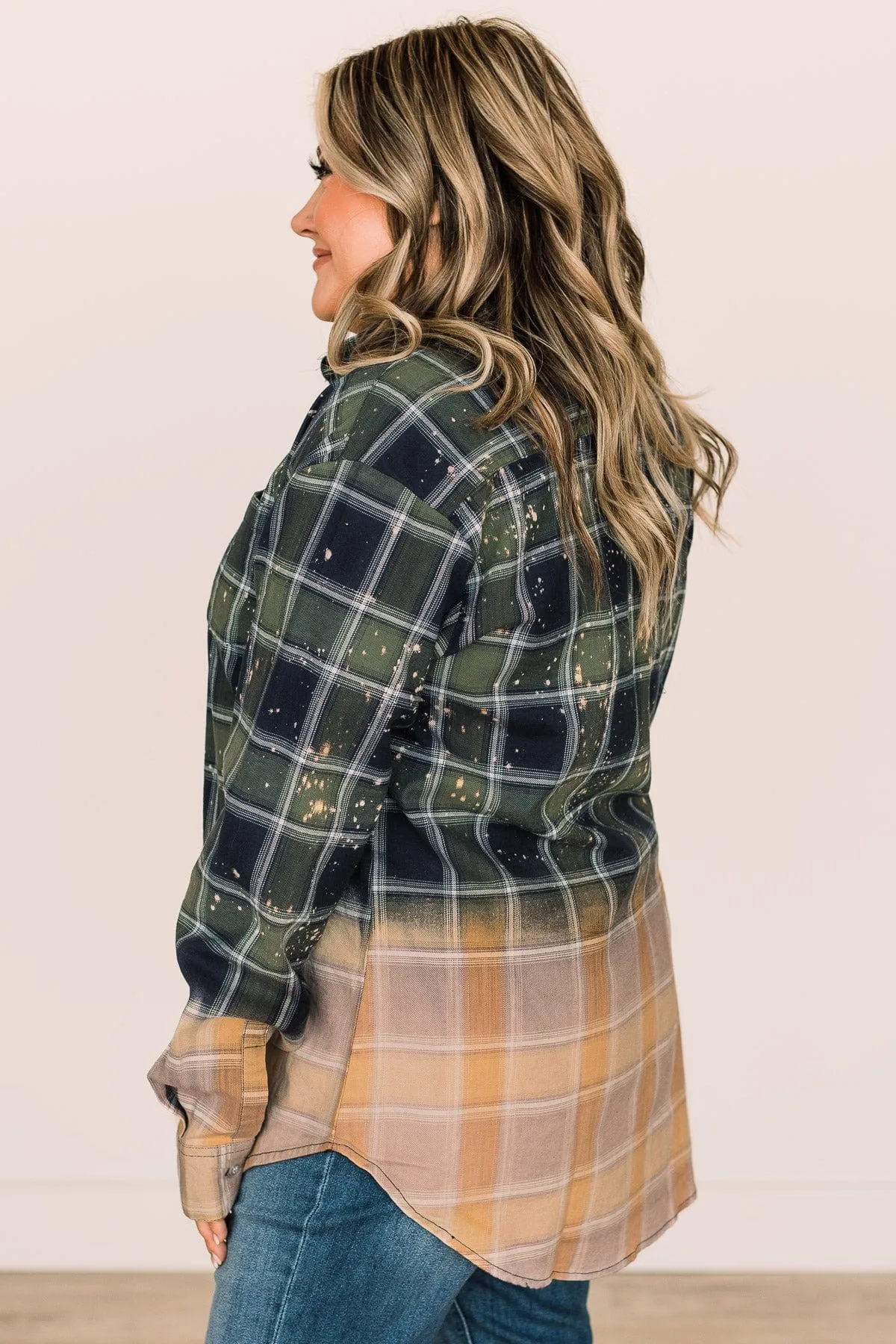 Enjoying This Moment Bleached Plaid Top- Green & Navy