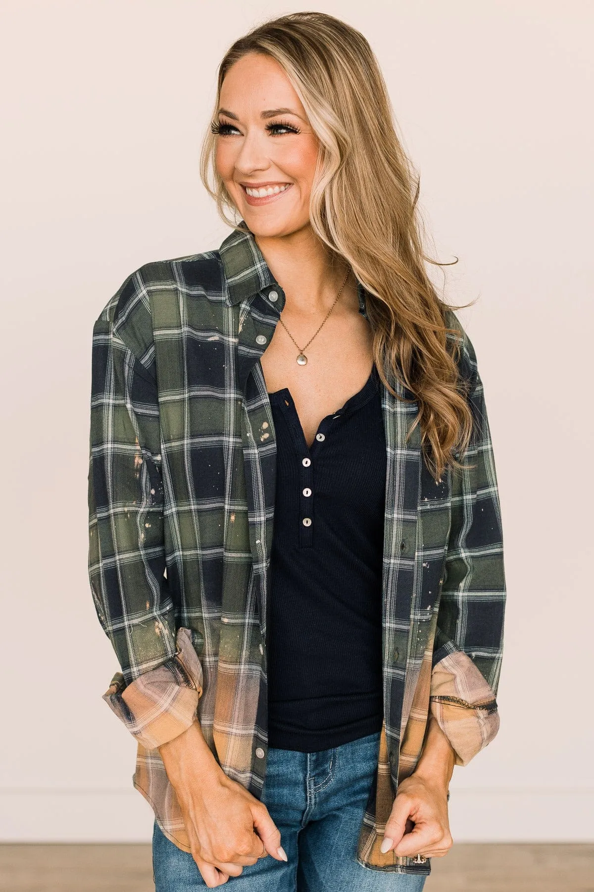 Enjoying This Moment Bleached Plaid Top- Green & Navy