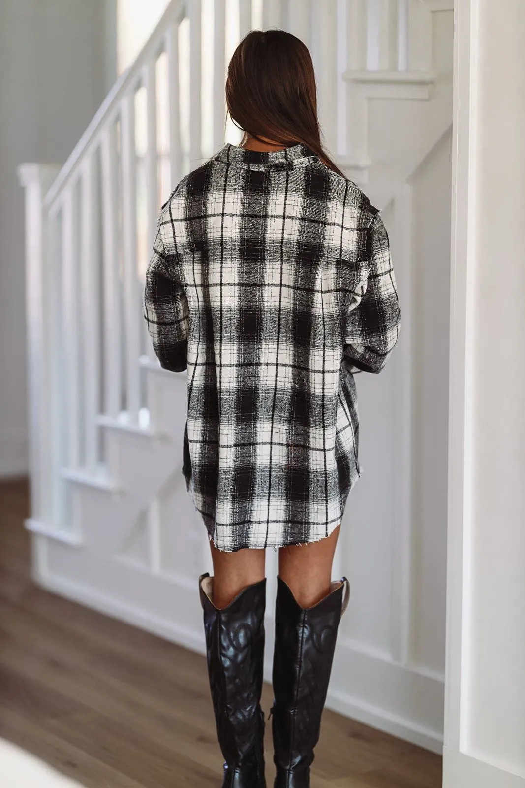 Fall Flannel Shirt Mini Dress - Ivory and Black