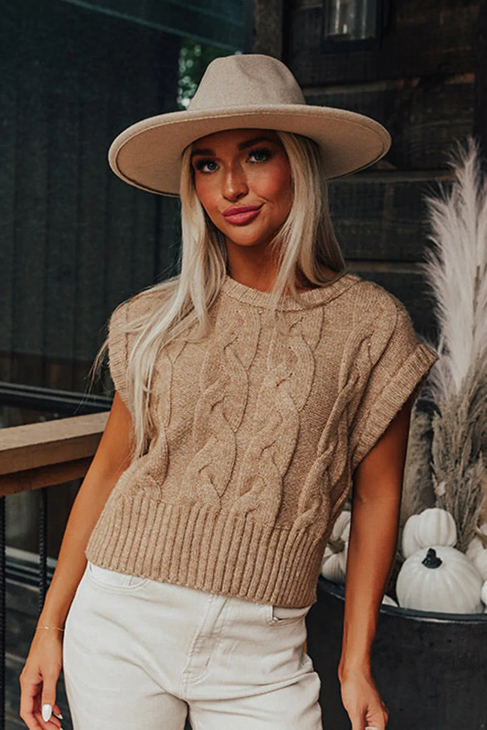 Flaxen Cap Sleeve Ribbed Cable Knit Sweater