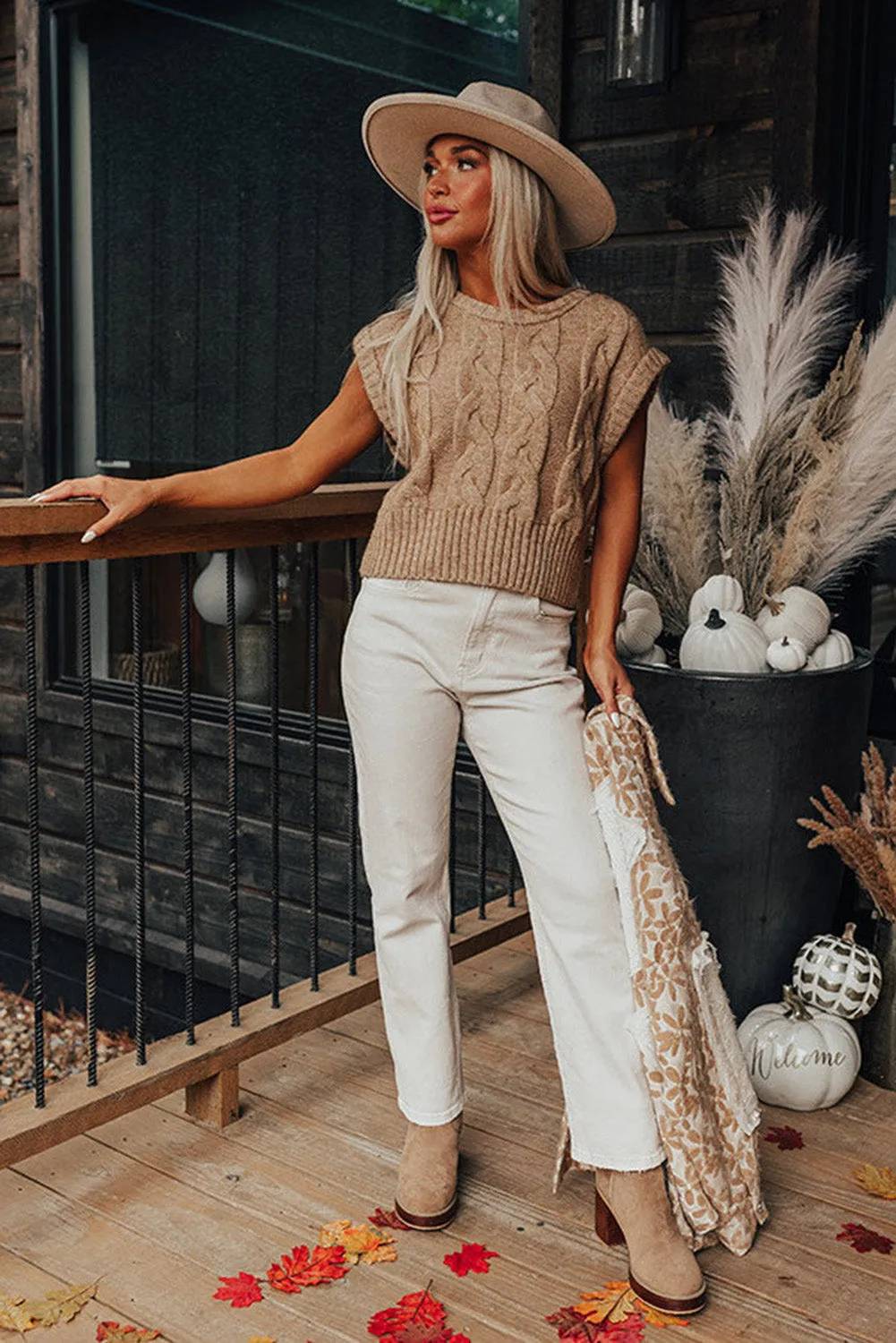Flaxen Cap Sleeve Ribbed Cable Knit Sweater