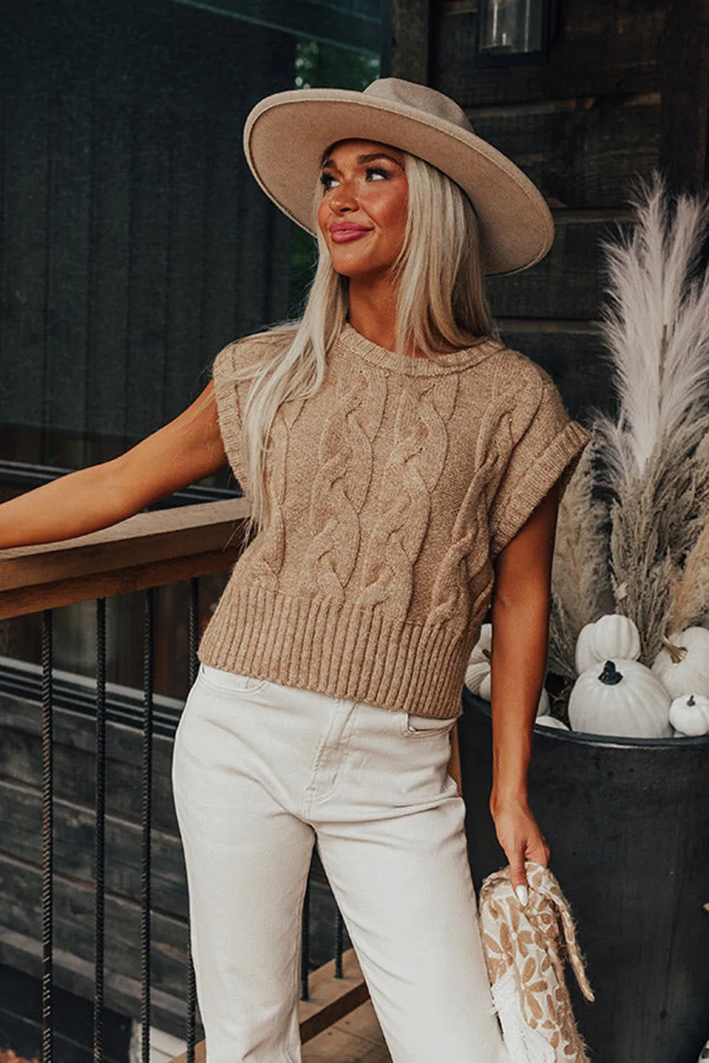 Flaxen Cap Sleeve Ribbed Cable Knit Sweater