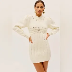 For Love &amp; Lemons Jules Sweater Cable Knit Cream Mock Neck Mini Short Dress XS