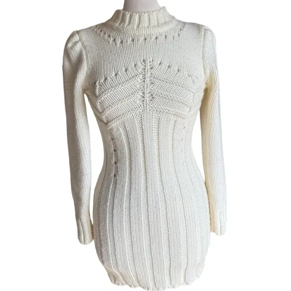 For Love &amp; Lemons Jules Sweater Cable Knit Cream Mock Neck Mini Short Dress XS