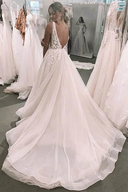Foral Romantic Deep V-neck Appliqued Backless Bridal Gown Wedding Dress,MW461