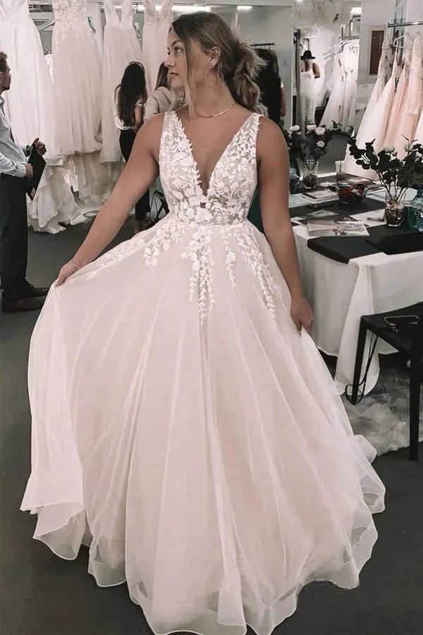 Foral Romantic Deep V-neck Appliqued Backless Bridal Gown Wedding Dress,MW461
