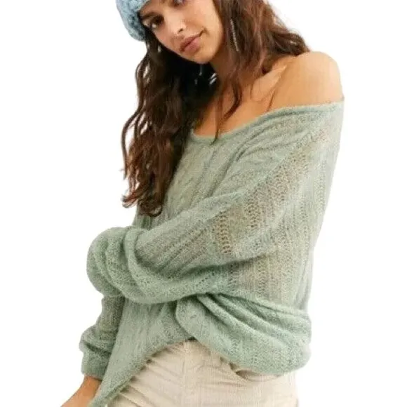 Free People Angel Soft Wool Alpaca Cable Knit Mint Green Sweater Size M