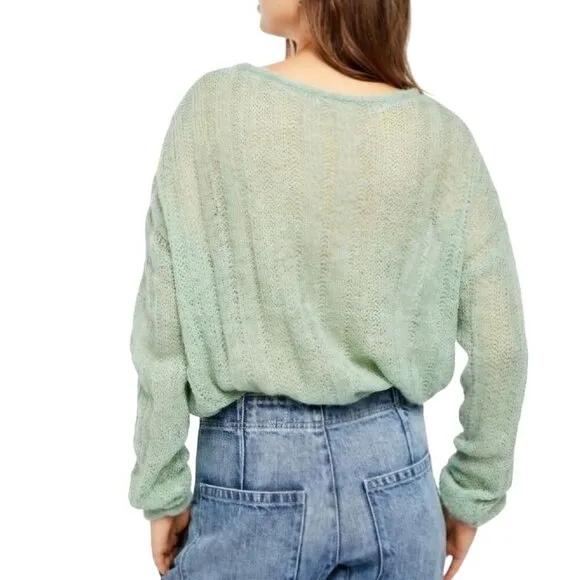 Free People Angel Soft Wool Alpaca Cable Knit Mint Green Sweater Size M