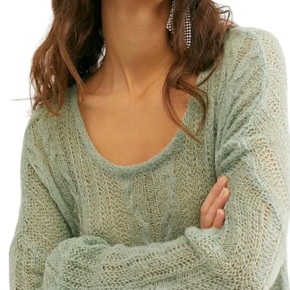 Free People Angel Soft Wool Alpaca Cable Knit Mint Green Sweater Size M