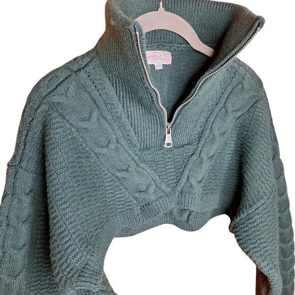 Free people oversized quarter zip cable knit sweater bolero shrug crop green
