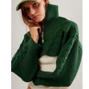 Free people oversized quarter zip cable knit sweater bolero shrug crop green