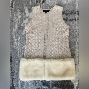French Connection Long Sweater Cable Vest Faux Fur Trim/Hem Size S