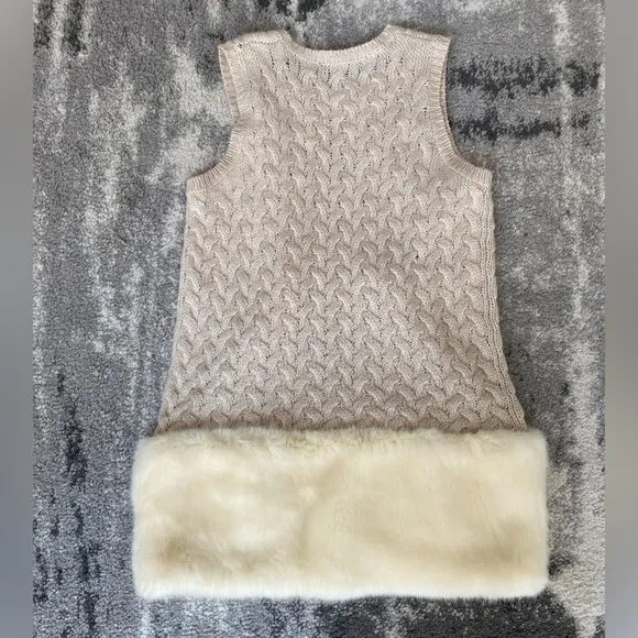French Connection Long Sweater Cable Vest Faux Fur Trim/Hem Size S