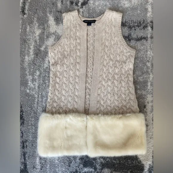French Connection Long Sweater Cable Vest Faux Fur Trim/Hem Size S