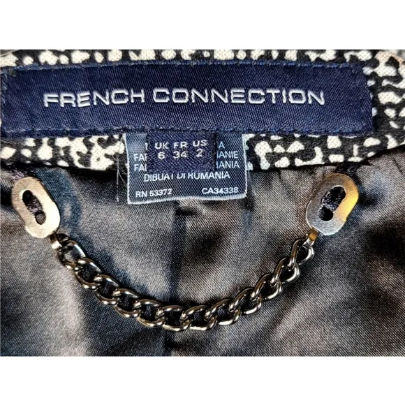 French Connection Womens Blazer Size 2 Tweed Black &amp; White Lined Zip Pockets