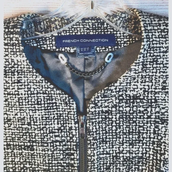 French Connection Womens Blazer Size 2 Tweed Black &amp; White Lined Zip Pockets
