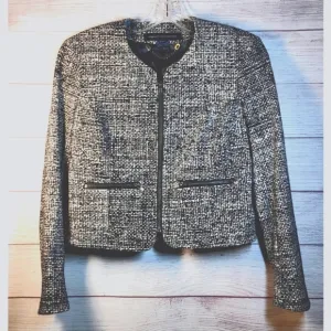 French Connection Womens Blazer Size 2 Tweed Black &amp; White Lined Zip Pockets