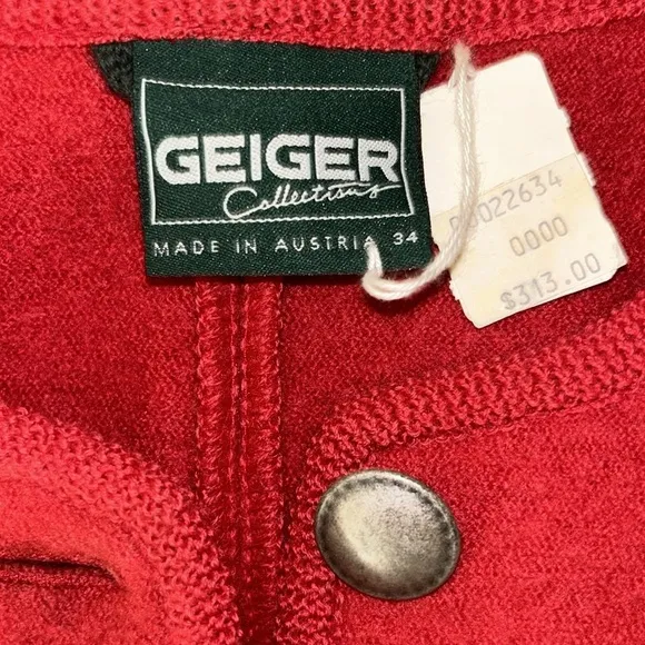 Geiger Boiled New Pure Laine Wool Jacket Blazer Red Austria Dead Stock EU34/US4
