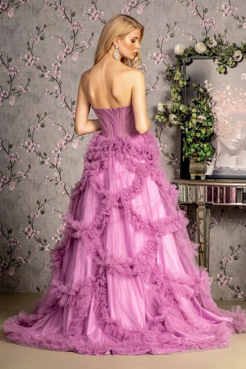 GL 3455 - Strapless A-Line Prom Gown with Sheer Boned Corset Bodice & Ruffled Skirt