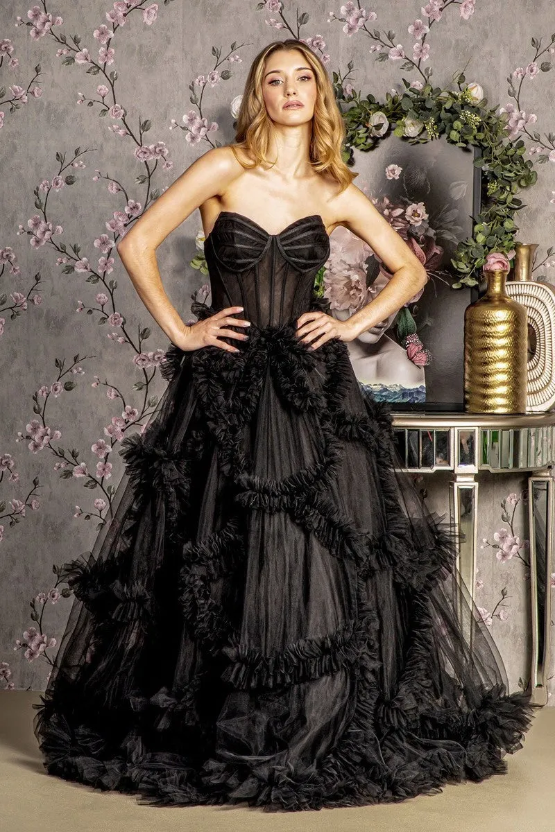 GL 3455 - Strapless A-Line Prom Gown with Sheer Boned Corset Bodice & Ruffled Skirt