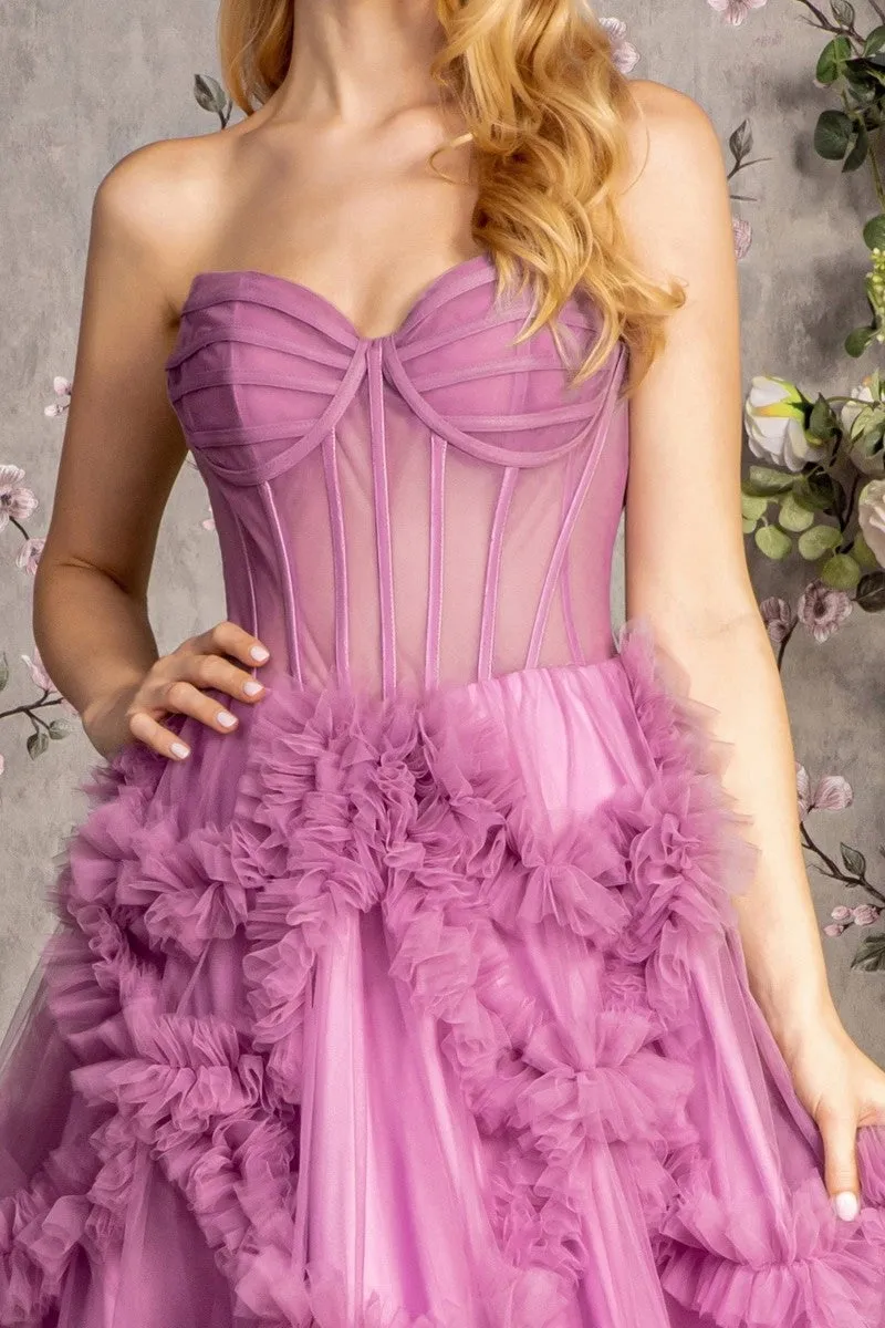 GL 3455 - Strapless A-Line Prom Gown with Sheer Boned Corset Bodice & Ruffled Skirt