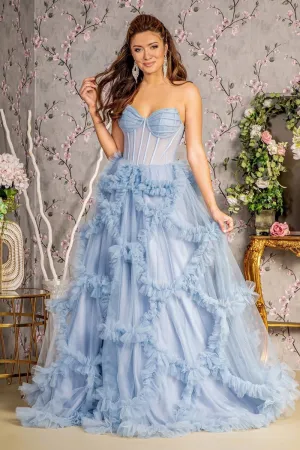 GL 3455 - Strapless A-Line Prom Gown with Sheer Boned Corset Bodice & Ruffled Skirt
