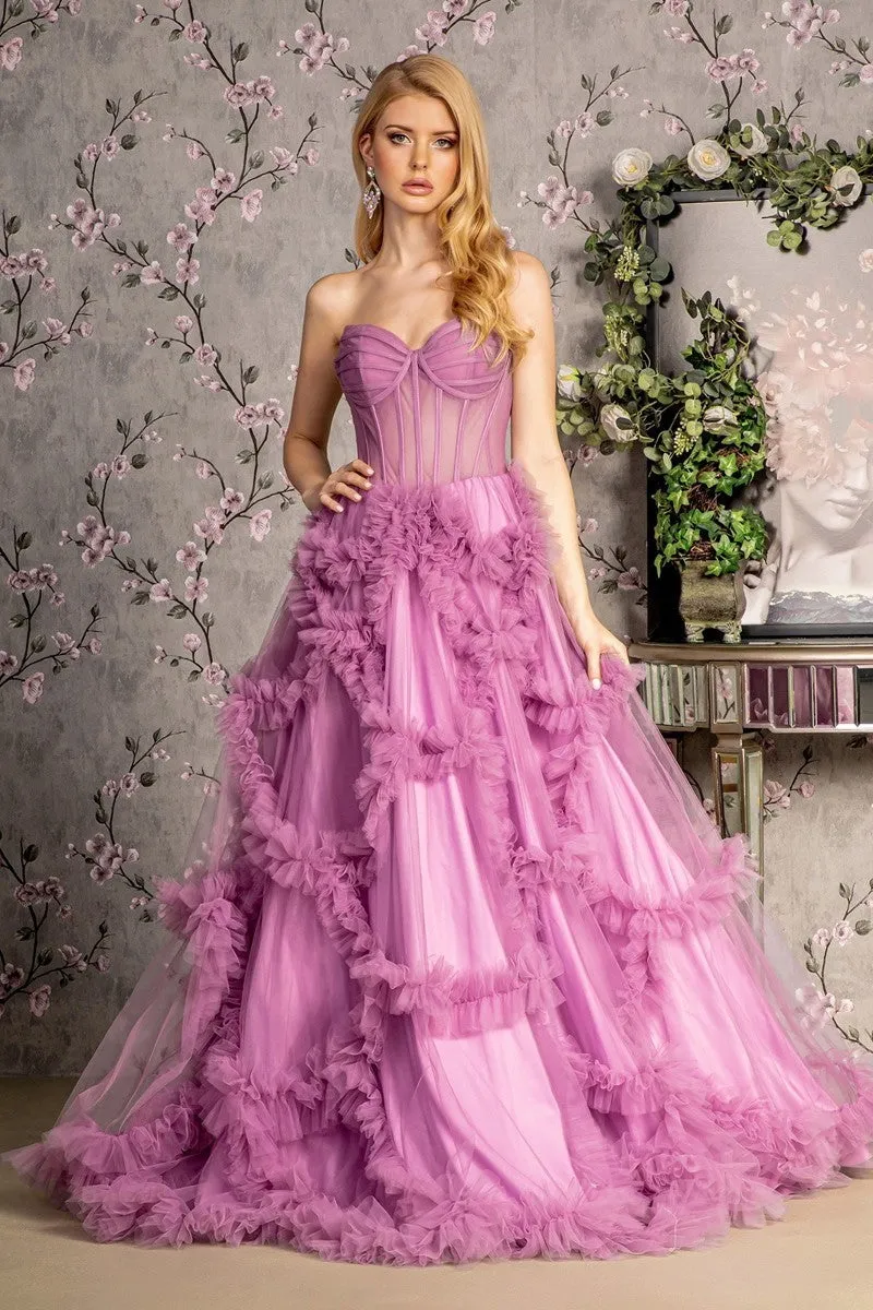GL 3455 - Strapless A-Line Prom Gown with Sheer Boned Corset Bodice & Ruffled Skirt